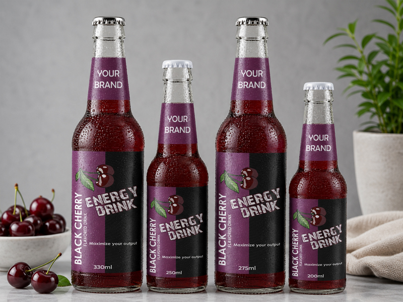 ENERGY DRINK Black Cherry flavored drink available in 330ml, 250ml, 275ml, and 200ml glass bottles.